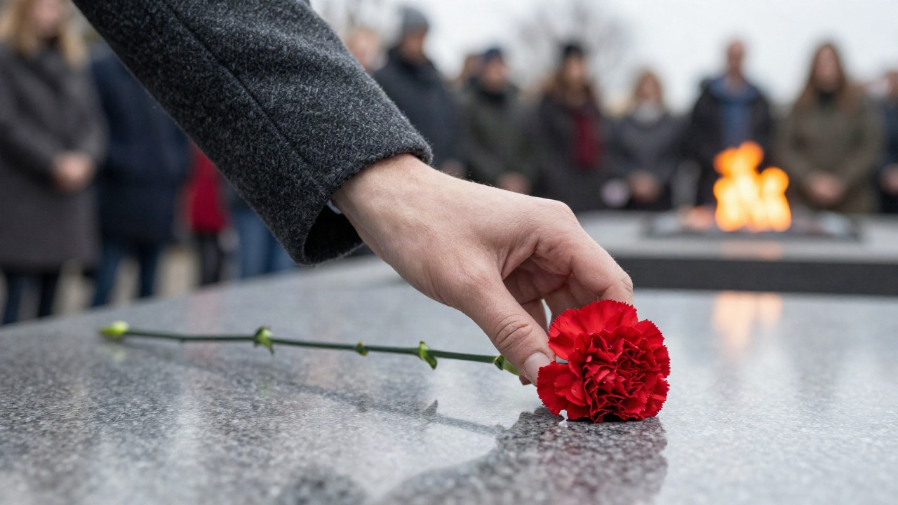 Рука чиновника в темном пальто возлагает гвоздику к мемориальной плите, на фоне размытое свечение Вечного огня.